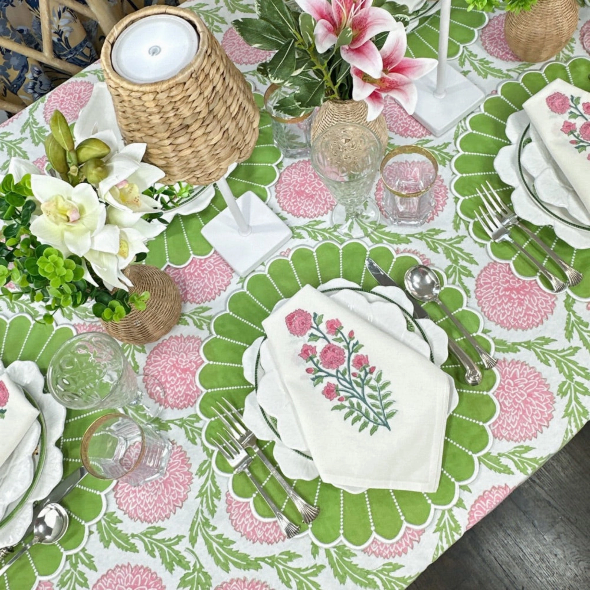 Pink and Green Flowers & Vines Tablecloth