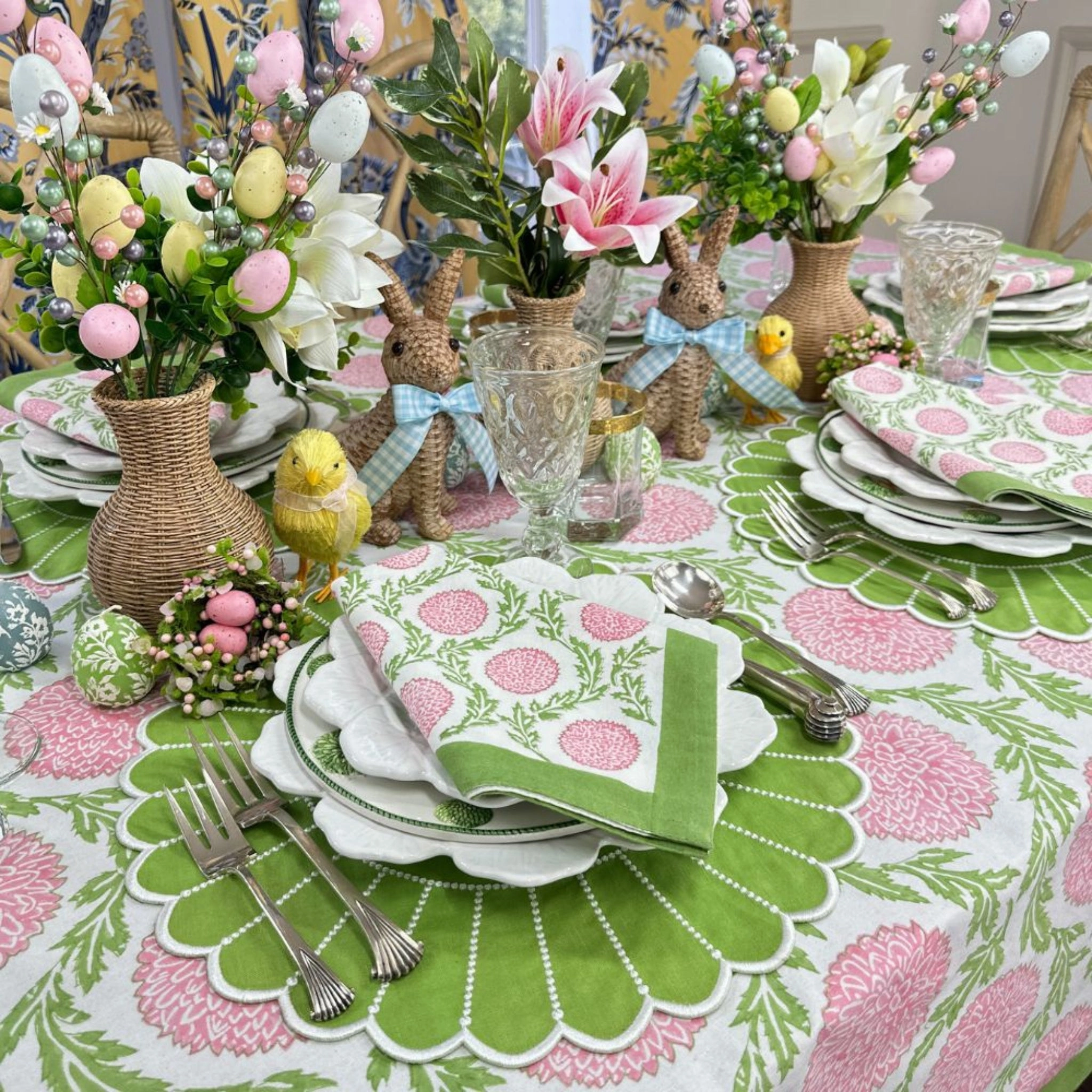 Pink and Green Flowers & Vines Tablecloth