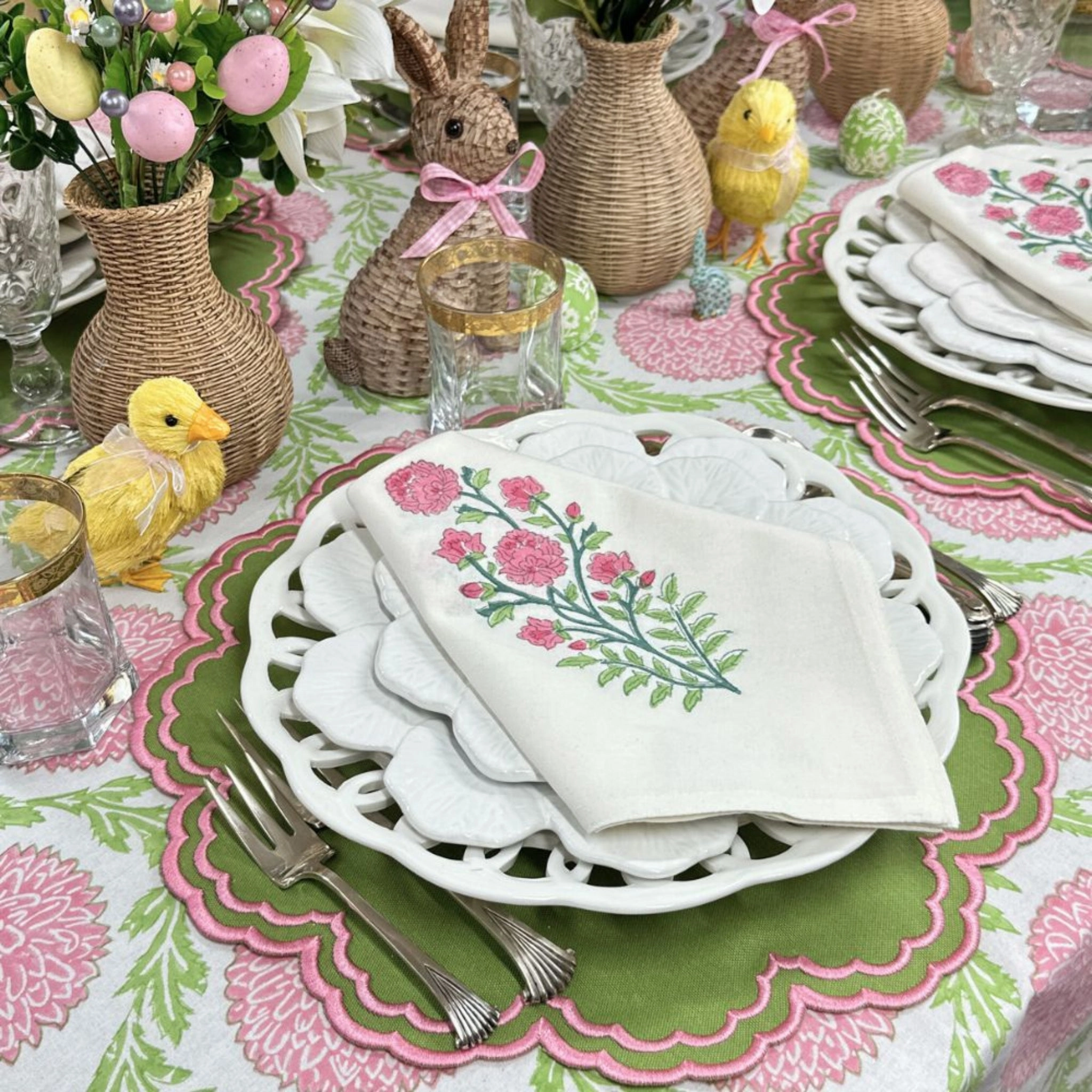 Pink and Green Flowers & Vines Tablecloth