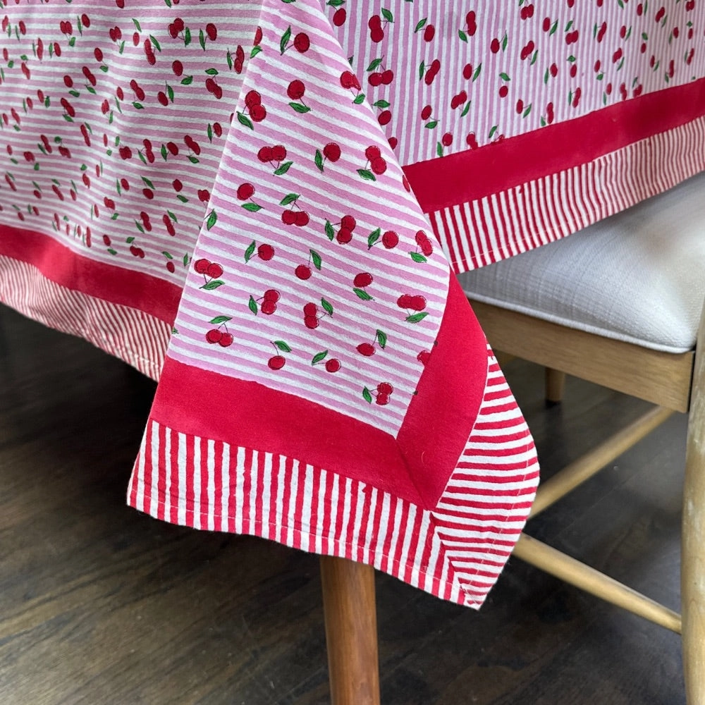 Pink Striped Cherry Print Hand Block Printed Tablecloth