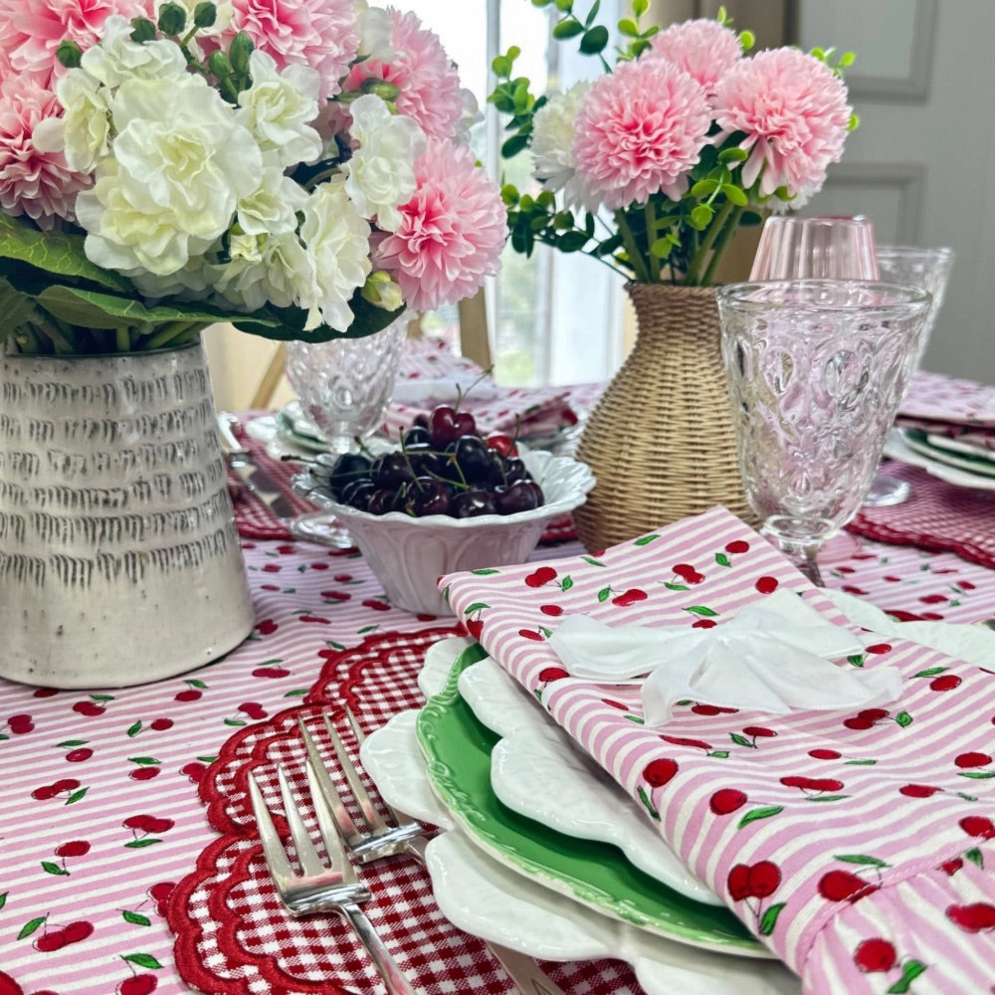 Pink Striped Cherry Print Hand Block Printed Tablecloth