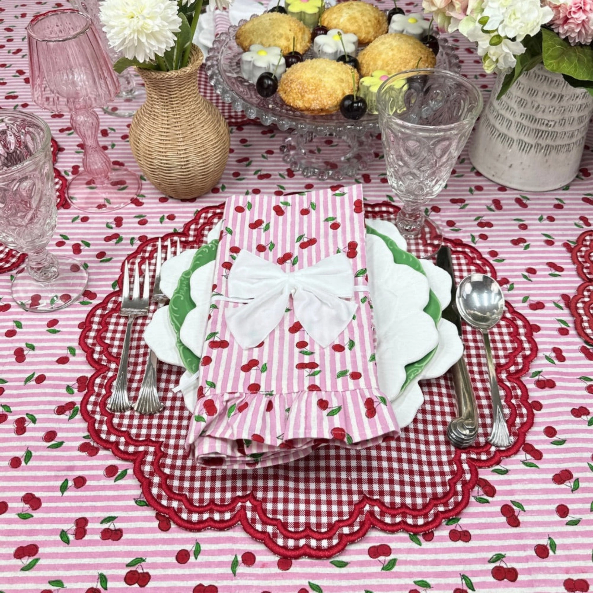 Pink Striped Cherry Print Hand Block Printed Tablecloth