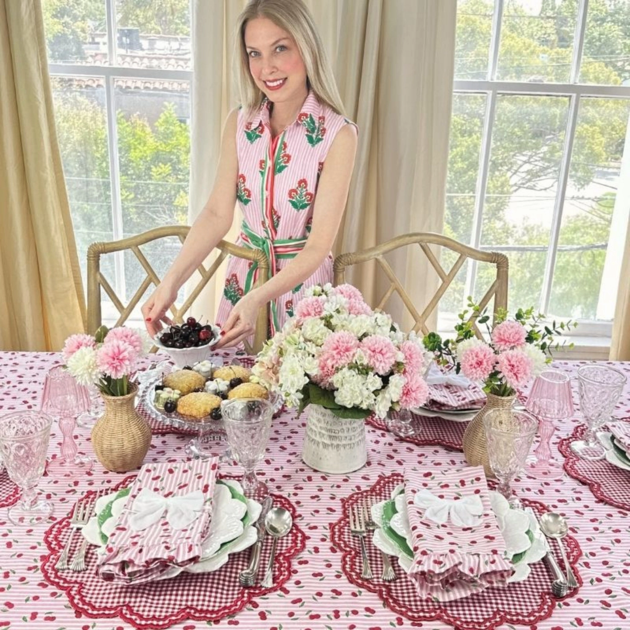 Pink Striped Cherry Print Hand Block Printed Tablecloth