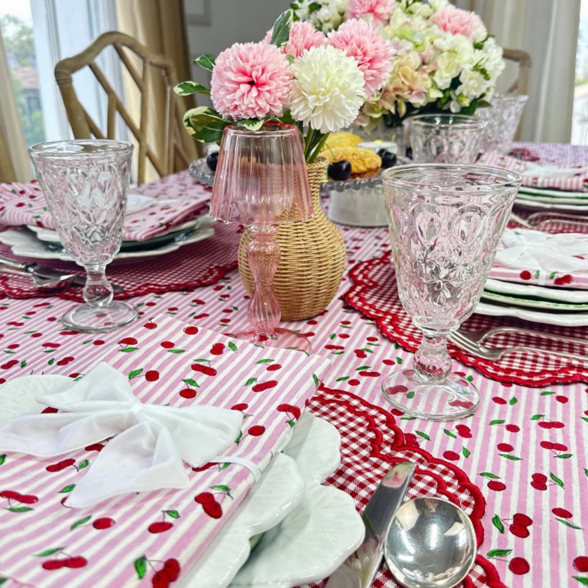 Pink Striped Cherry Print Hand Block Printed Tablecloth