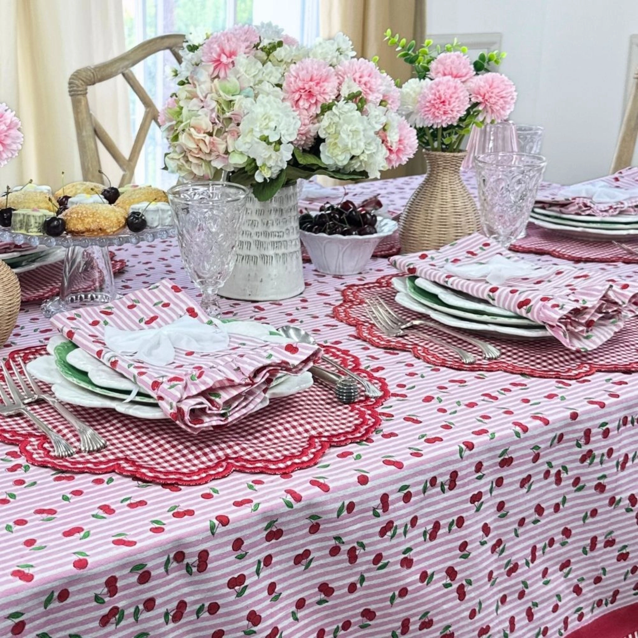 Pink Striped Cherry Print Hand Block Printed Tablecloth