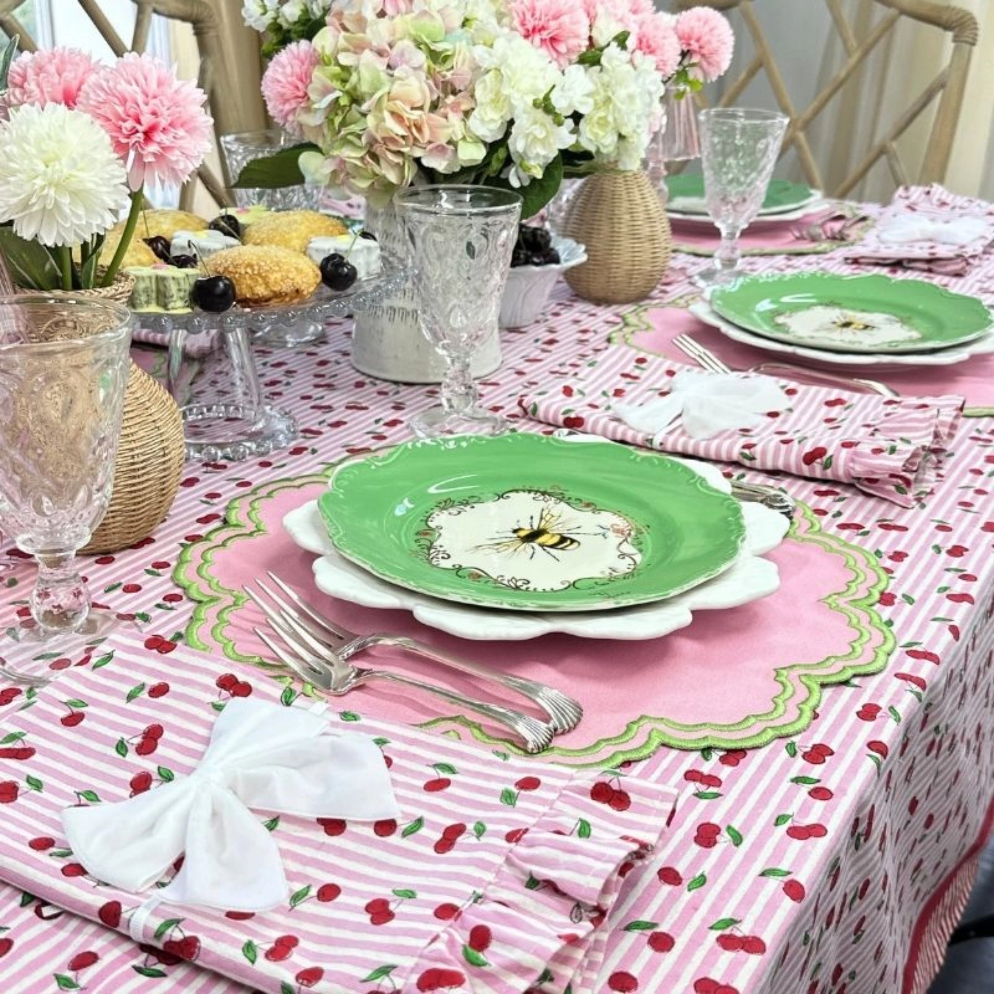 Pink Striped Cherry Print Hand Block Printed Tablecloth