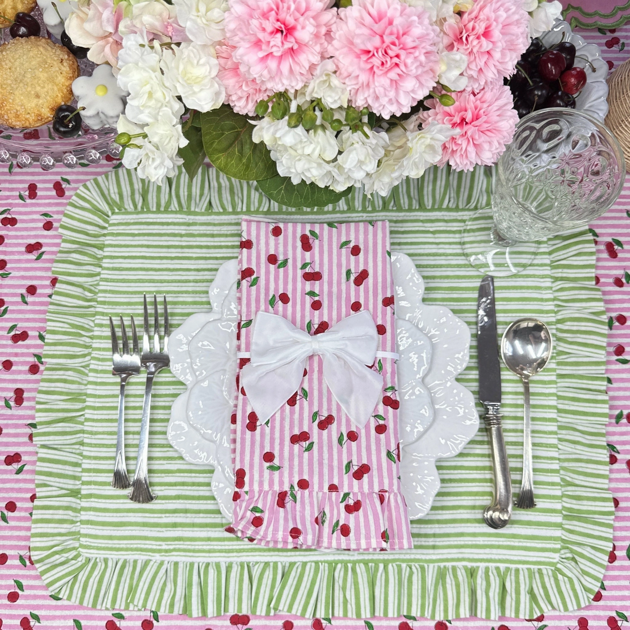 Pink Striped Cherry Print Hand Block Printed Tablecloth