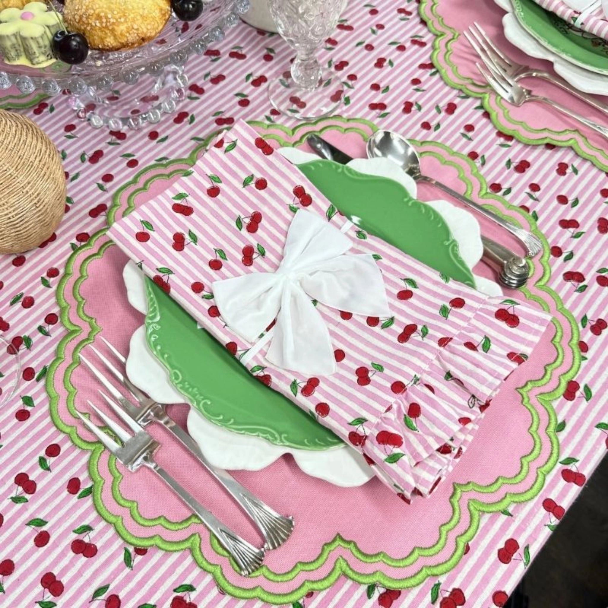 Pink Striped Cherry Print Hand Block Printed Tablecloth