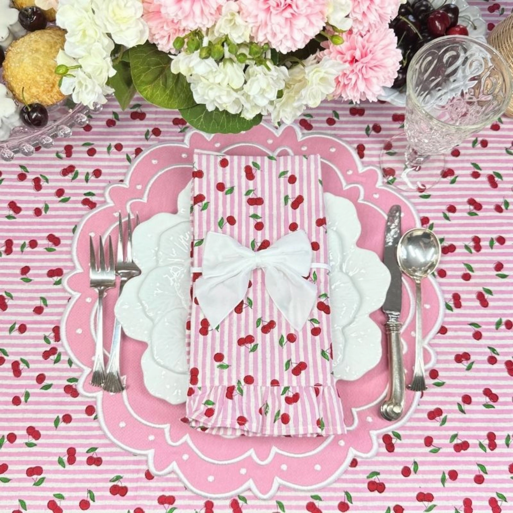 Pink Striped Cherry Print Hand Block Printed Tablecloth
