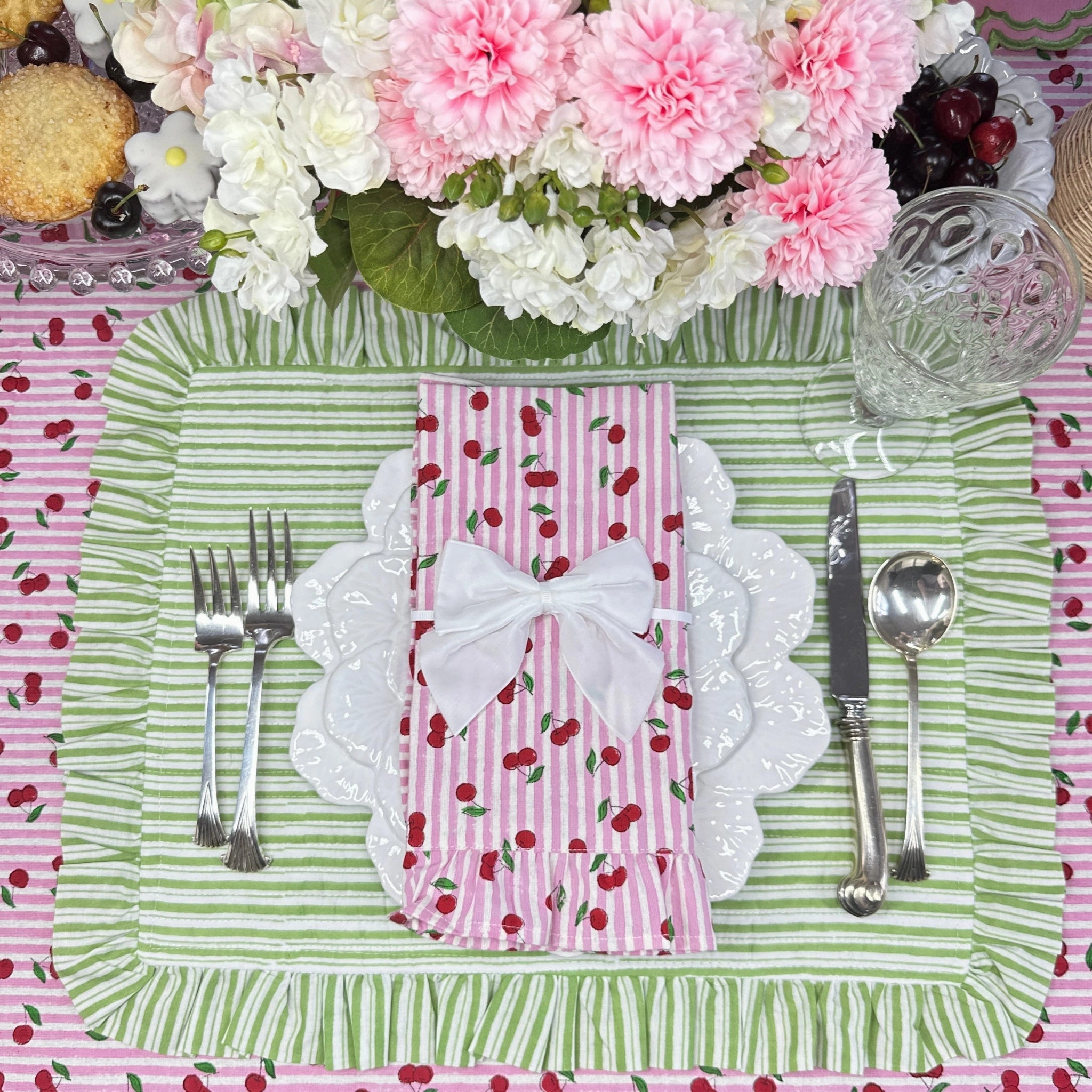 Pink Striped Cherry Print Hand Block Printed Tablecloth