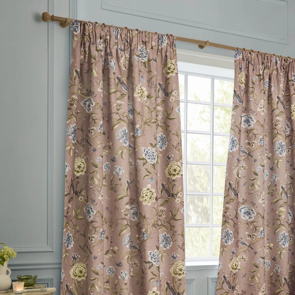 Porcelain Garden Printed Chenille Pencil Pleat Curtains Blush