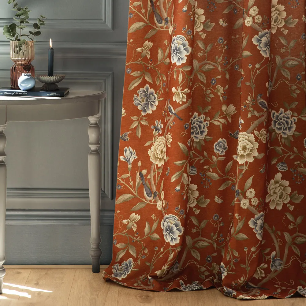 Porcelain Garden Printed Chenille Pencil Pleat Curtains Rust