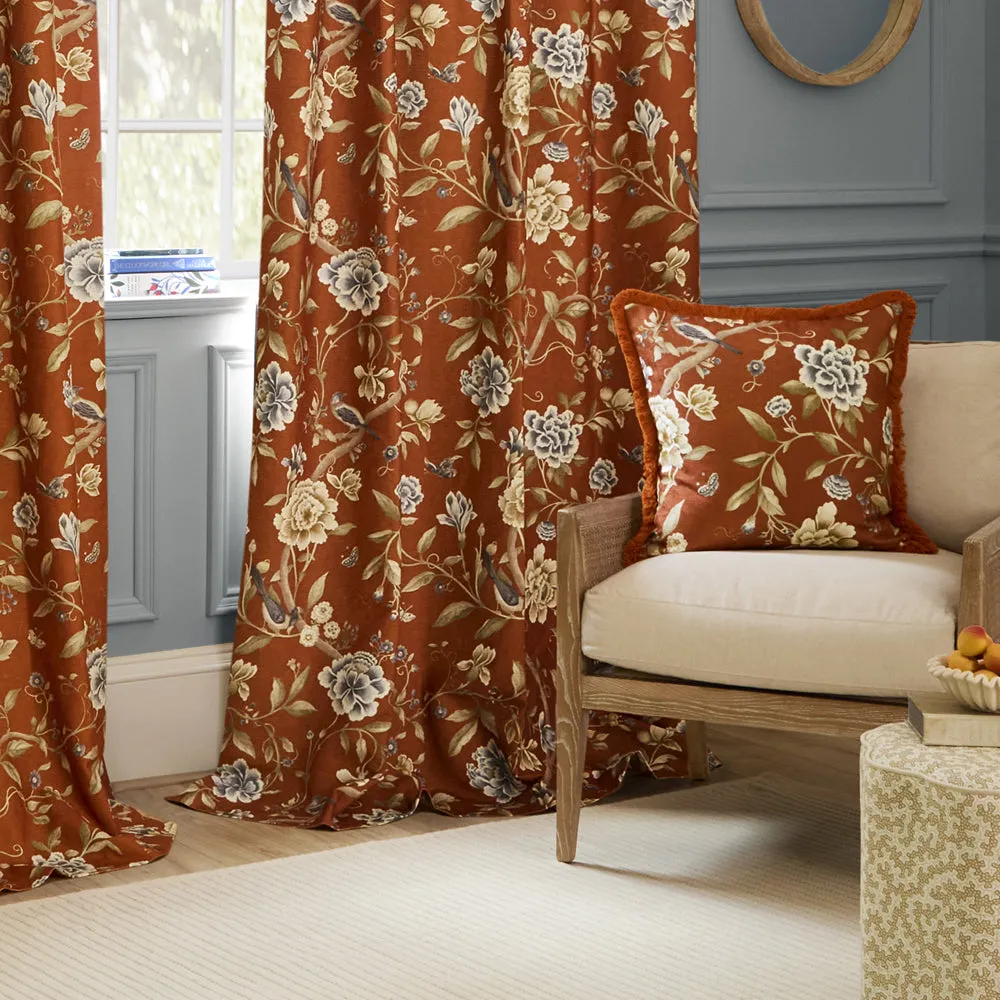 Porcelain Garden Printed Chenille Pencil Pleat Curtains Rust