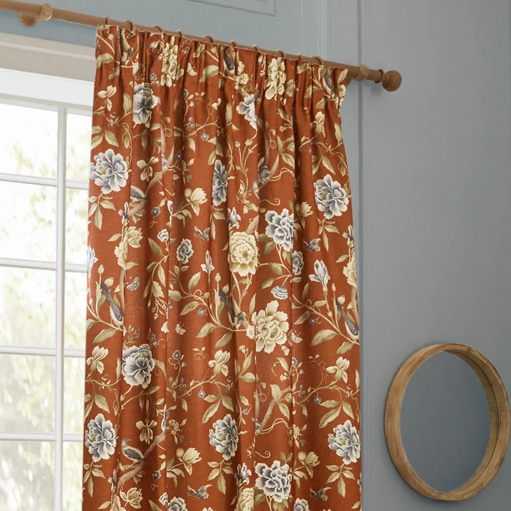 Porcelain Garden Printed Chenille Pencil Pleat Curtains Rust