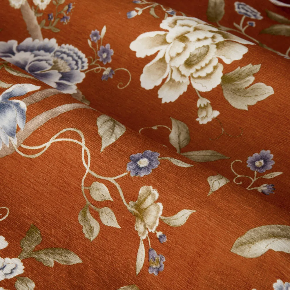 Porcelain Garden Printed Chenille Pencil Pleat Curtains Rust