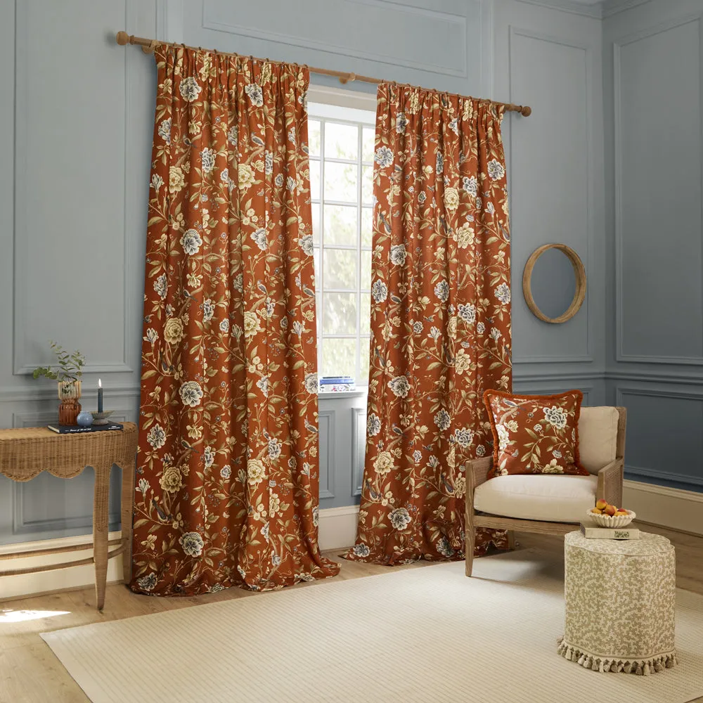 Porcelain Garden Printed Chenille Pencil Pleat Curtains Rust