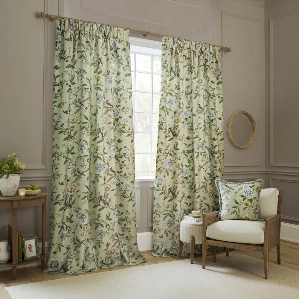 Porcelain Garden Printed Chenille Pencil Pleat Curtains Sage