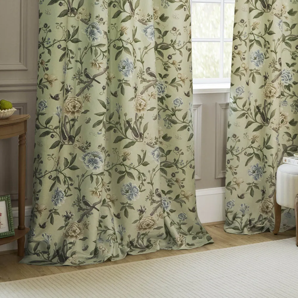 Porcelain Garden Printed Chenille Pencil Pleat Curtains Sage