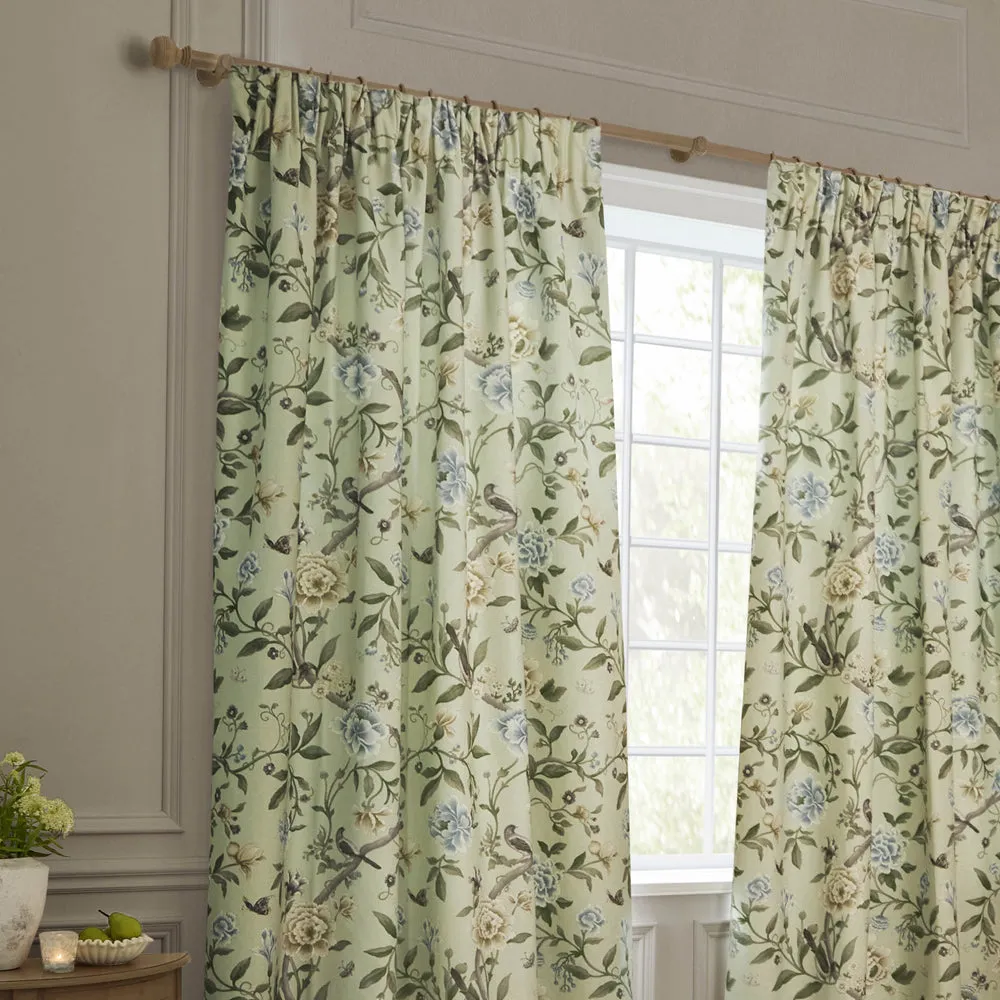Porcelain Garden Printed Chenille Pencil Pleat Curtains Sage
