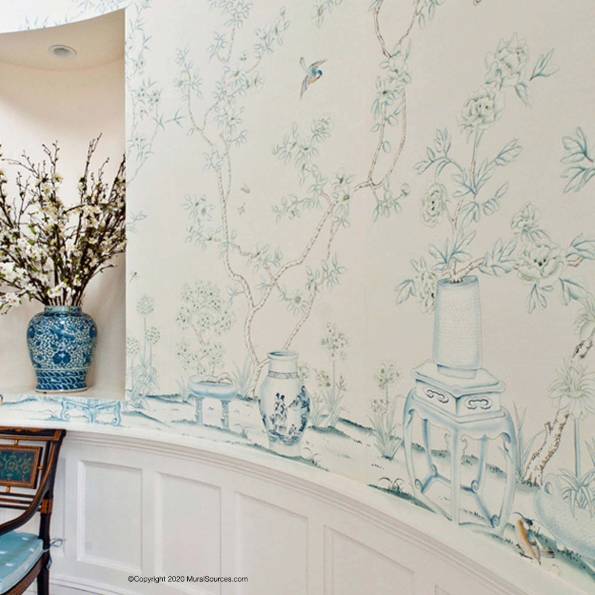Porcelains White Chinoiserie Mural Wallpaper Panels