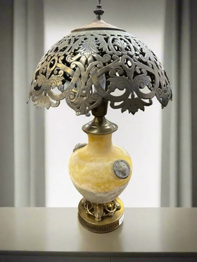 POTTERY LAMP WITH PIERCED BRASS SHADE artistic wall mural