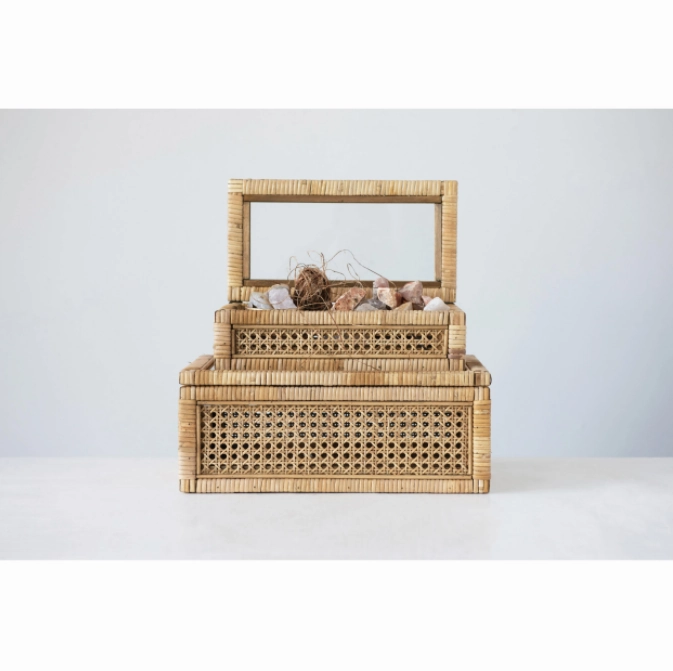 Rattan Wood Display Box with Glass Lid minimalist art object  