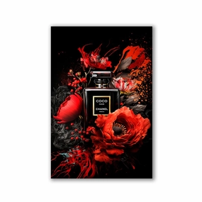 Red Flowered Chanel Bottle by Adrian framed mural artwork