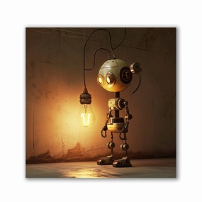 Robot near Lightbulb by Catill framed mural artwork
