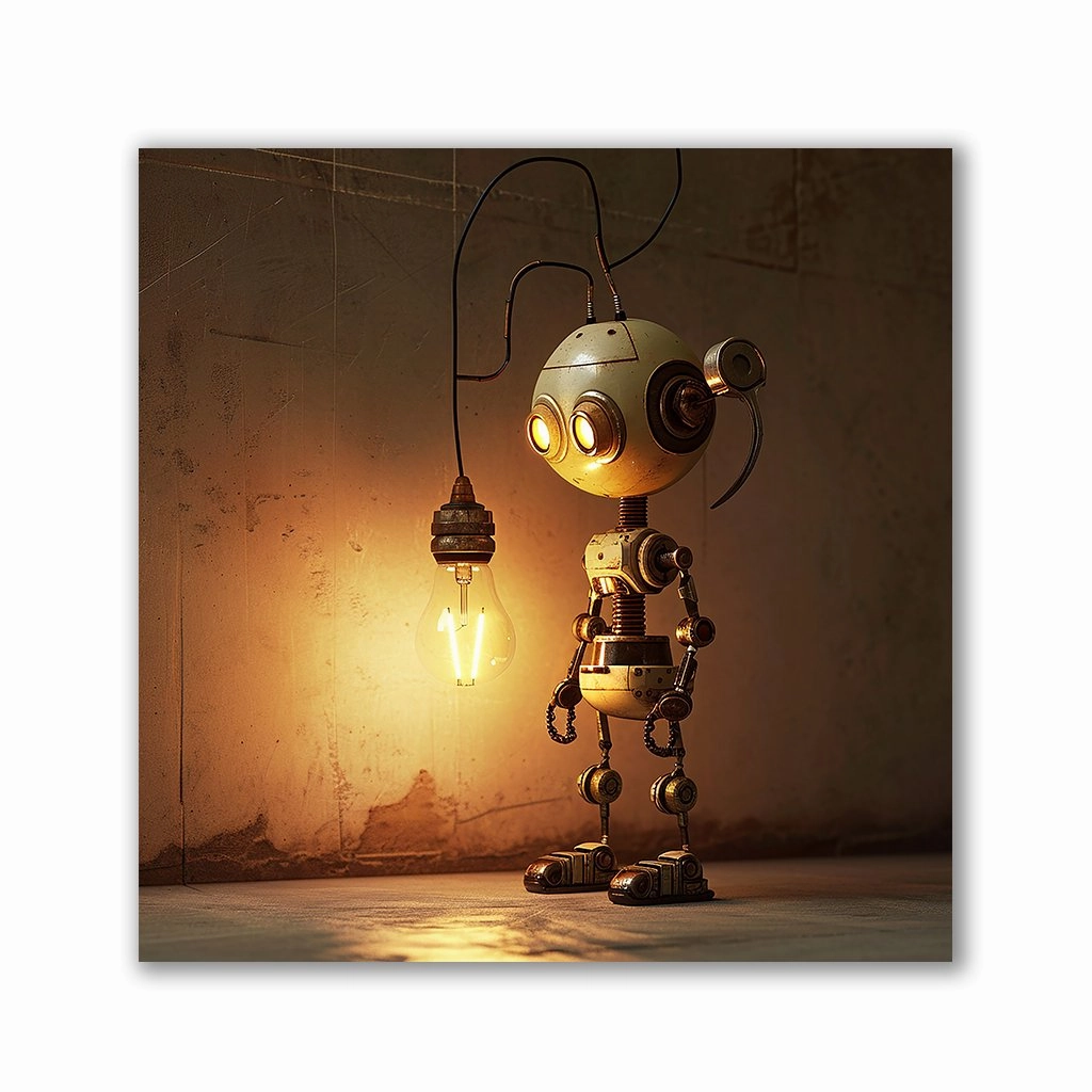 Robot near Lightbulb by Catill framed mural artwork
