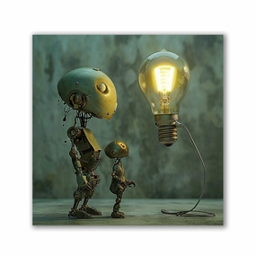 Robots near Lightbulb by Catil framed mural artwork