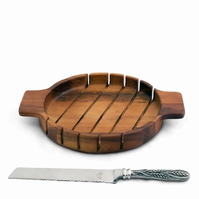 Round Bread Board with Pewter Wheat Knife mini desktop sculpture