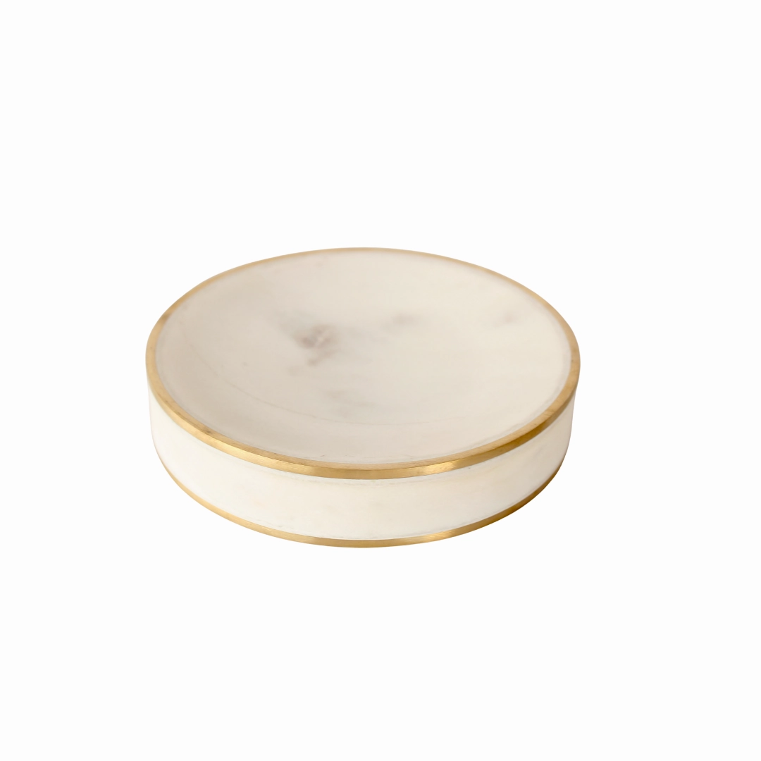 ROUND MARBLE SOAP DISH BRASS EDGE 13CM DIAM decorative home ornament