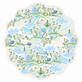 Round Scalloped Placemat, Blue Pagoda mini desktop sculpture