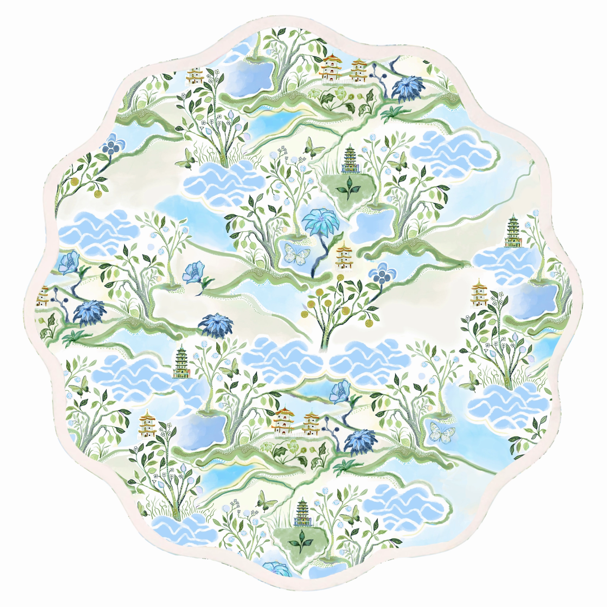 Round Scalloped Placemat, Blue Pagoda mini desktop sculpture