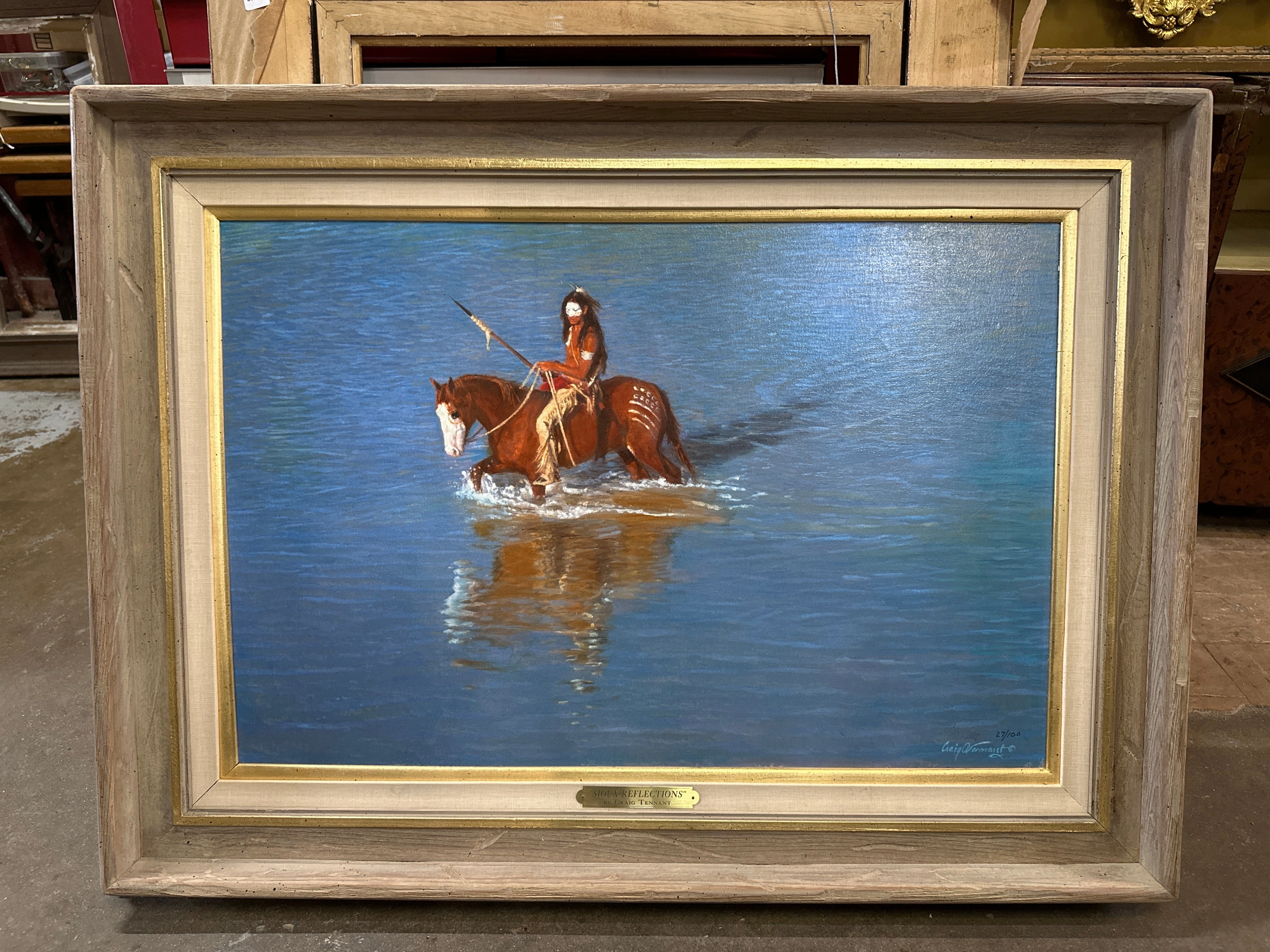 RUSTIC FRAMED INDIAN GICLEE "SIOUX REFLECTION" NUMBERED AND SIGNED CRAIG TENNANT 272/100 artistic wall mural