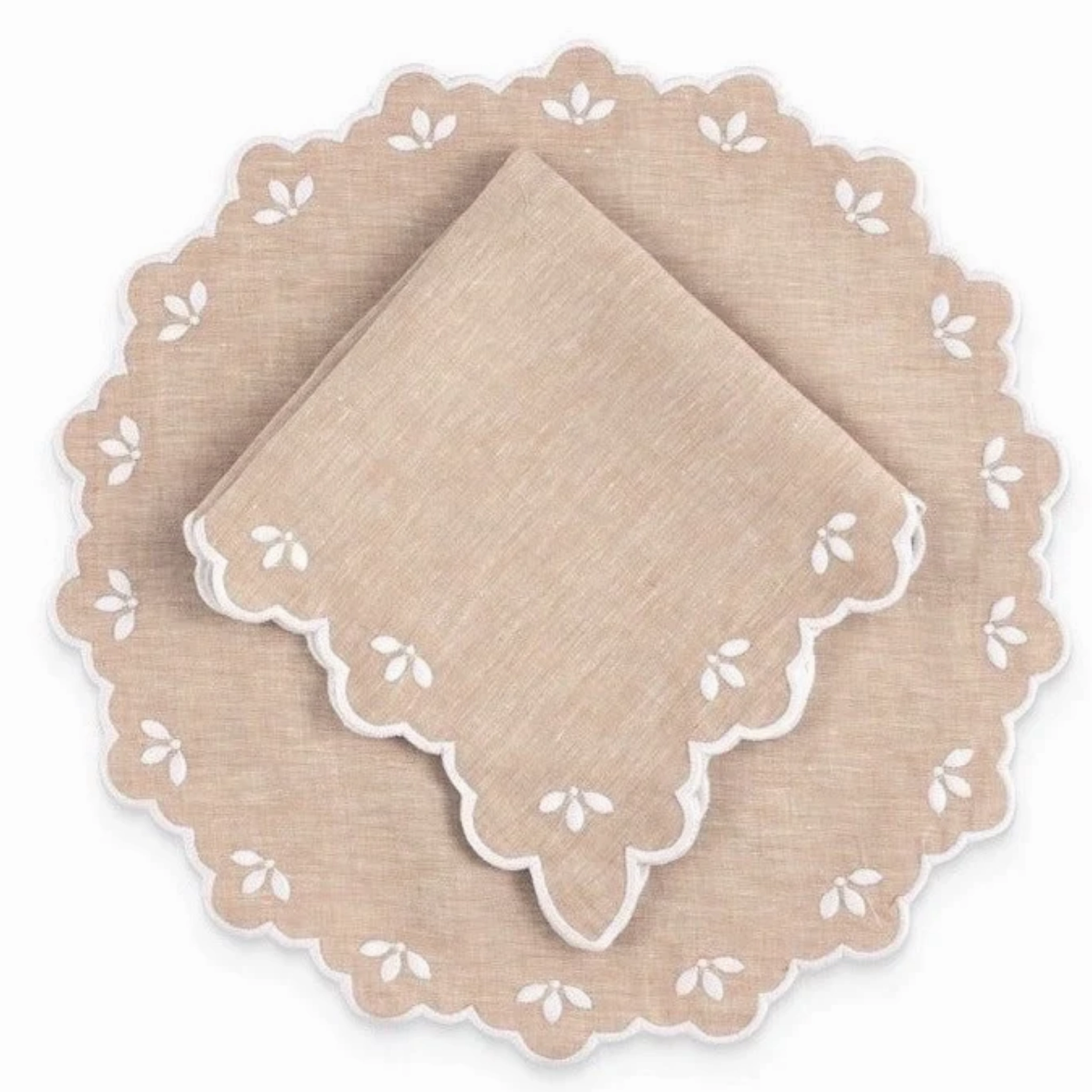 Scalloped Edge Embroidered Sand Linen Placemat
