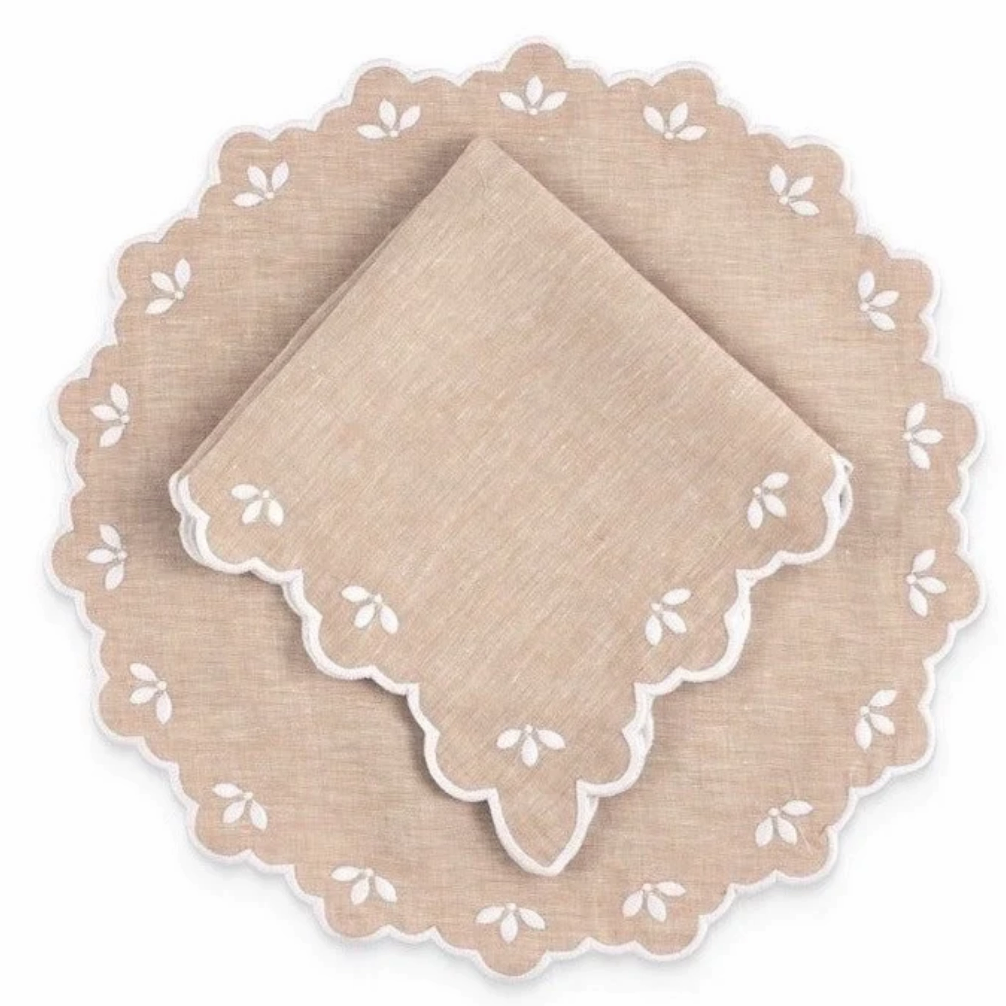 Scalloped Edge Embroidered Sand Linen Placemat
