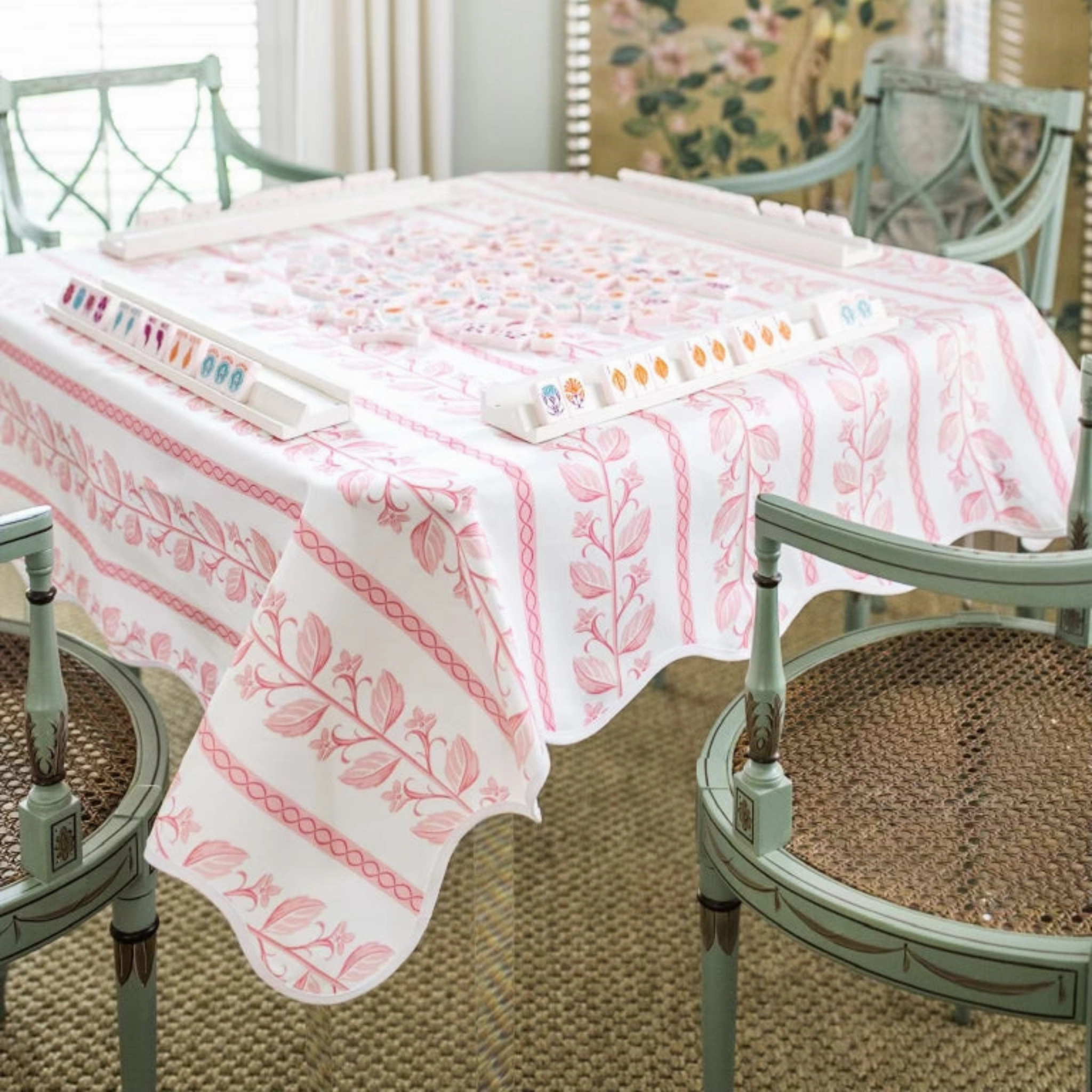Scalloped Square Game Table Topper, Botanical Stripe - Pink