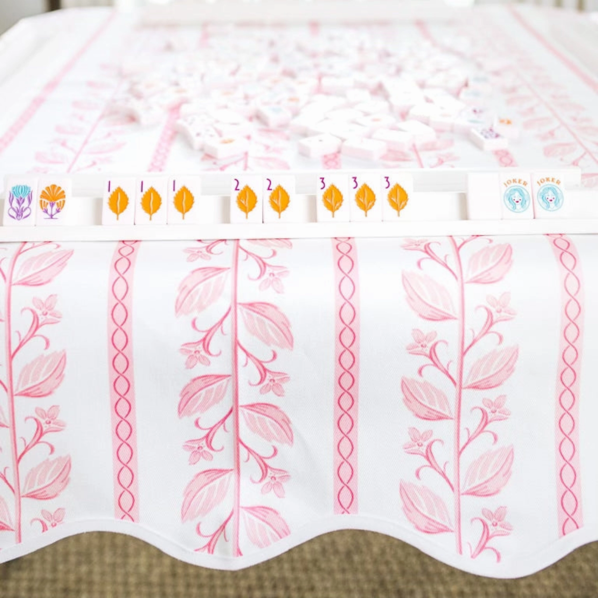 Scalloped Square Game Table Topper, Botanical Stripe - Pink