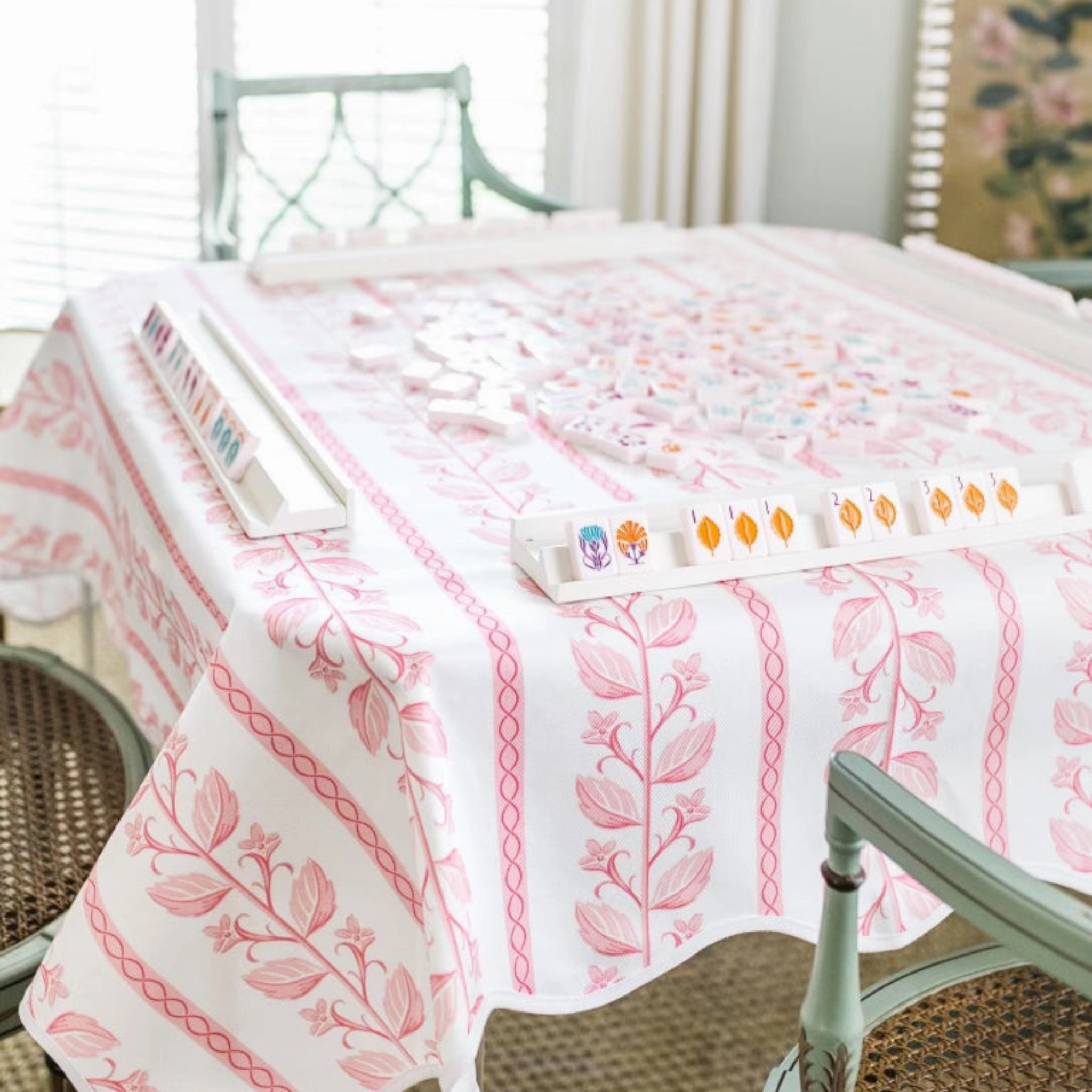 Scalloped Square Game Table Topper, Botanical Stripe - Pink