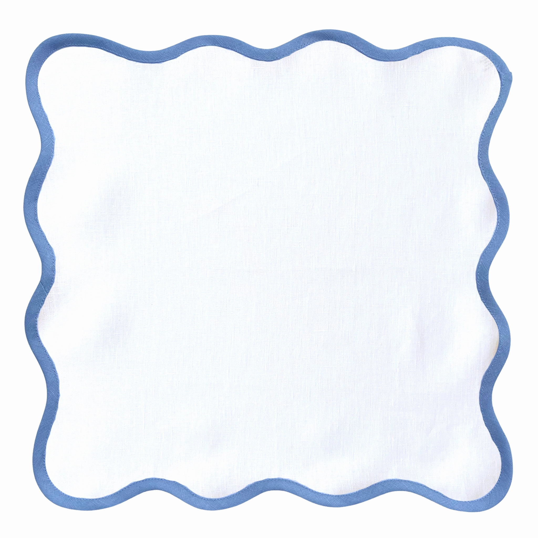 Scalloped Square Table Linen, Lily White with Cornflower Blue Trim cute desktop display