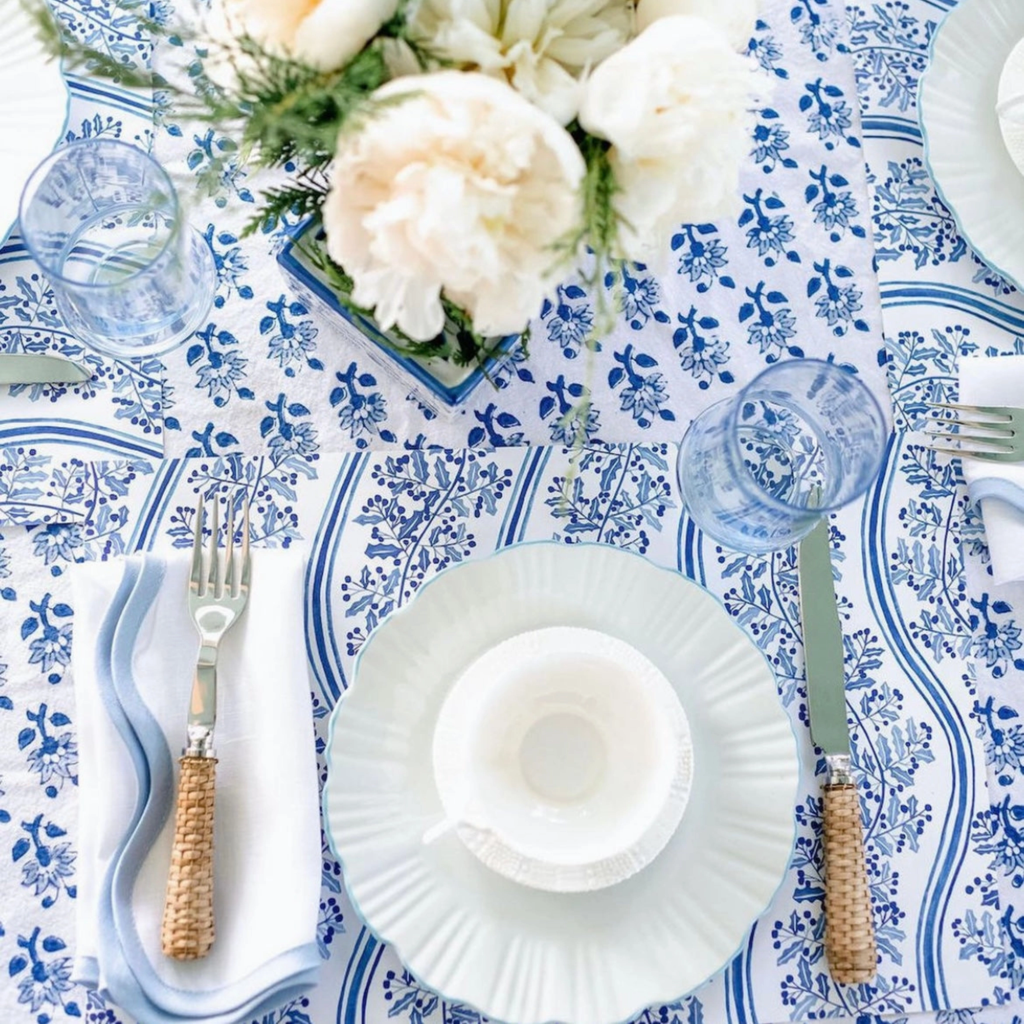 Scalloped Square Table Linen, Lily White with Cornflower Blue Trim
