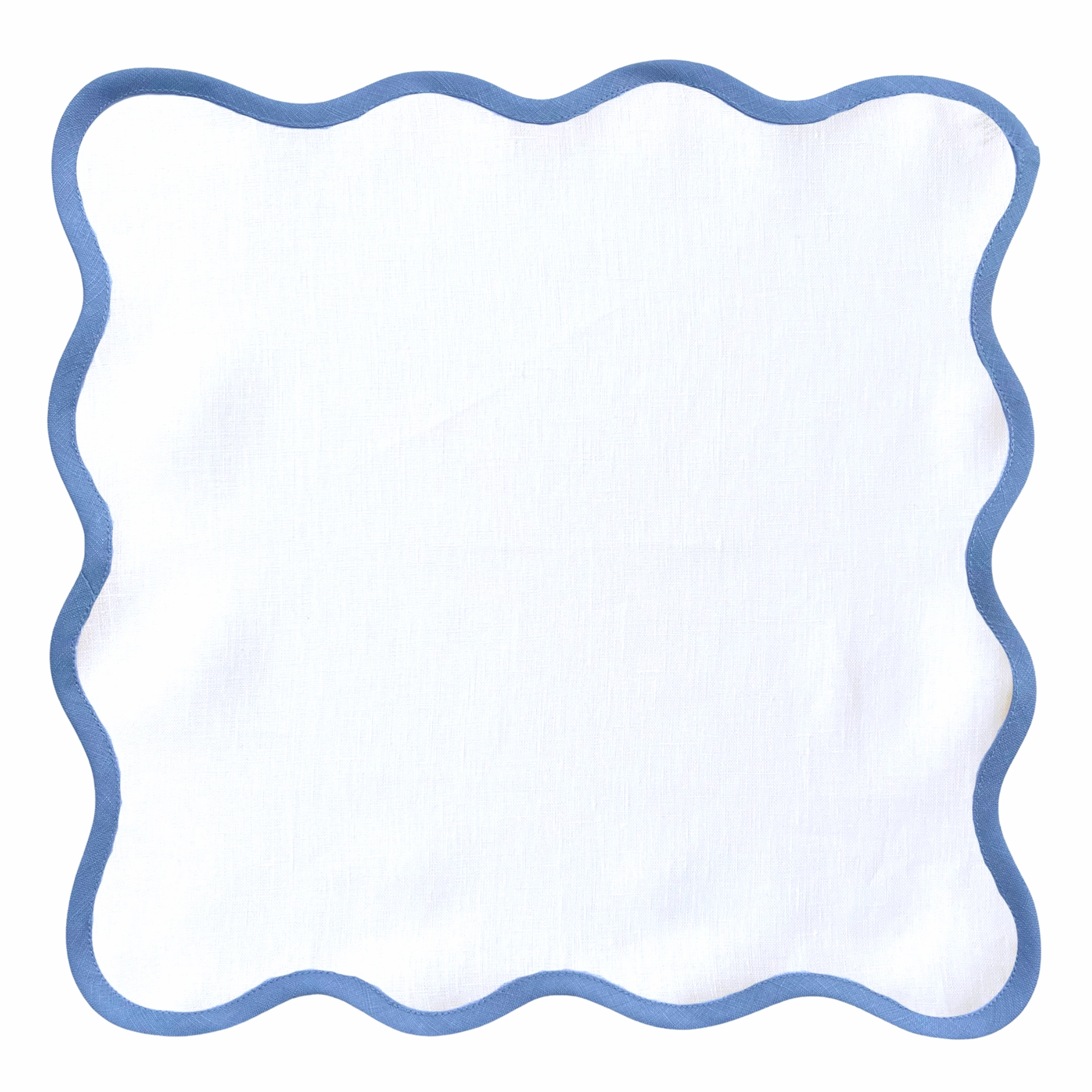 Scalloped Square Table Linen, Lily White with Cornflower Blue Trim mini desktop sculpture