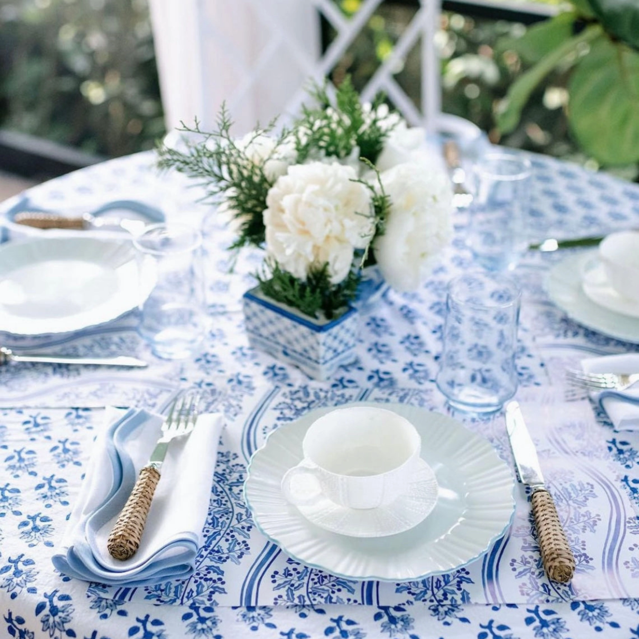 Scalloped Square Table Linen, Lily White with Cornflower Blue Trim