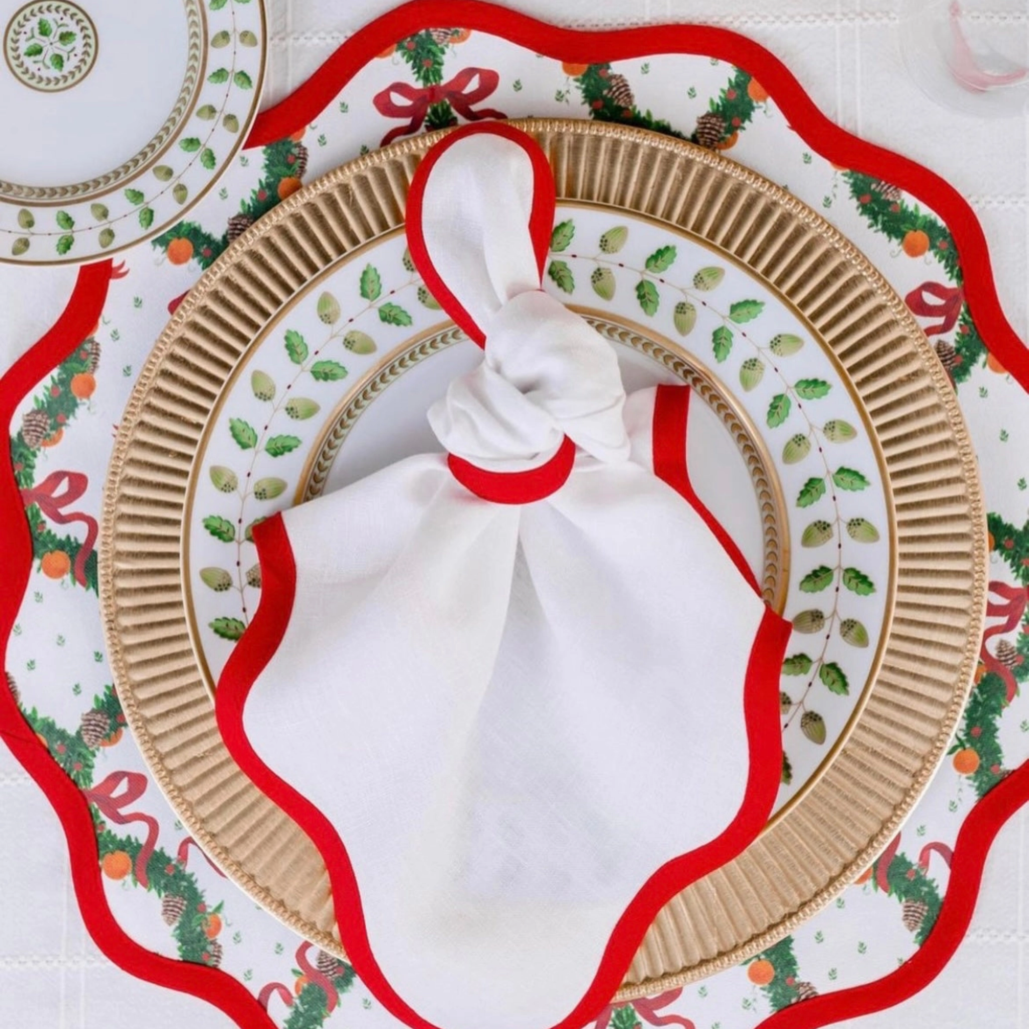 Scalloped Square Table Linen, Lily White with Rosebud Trim