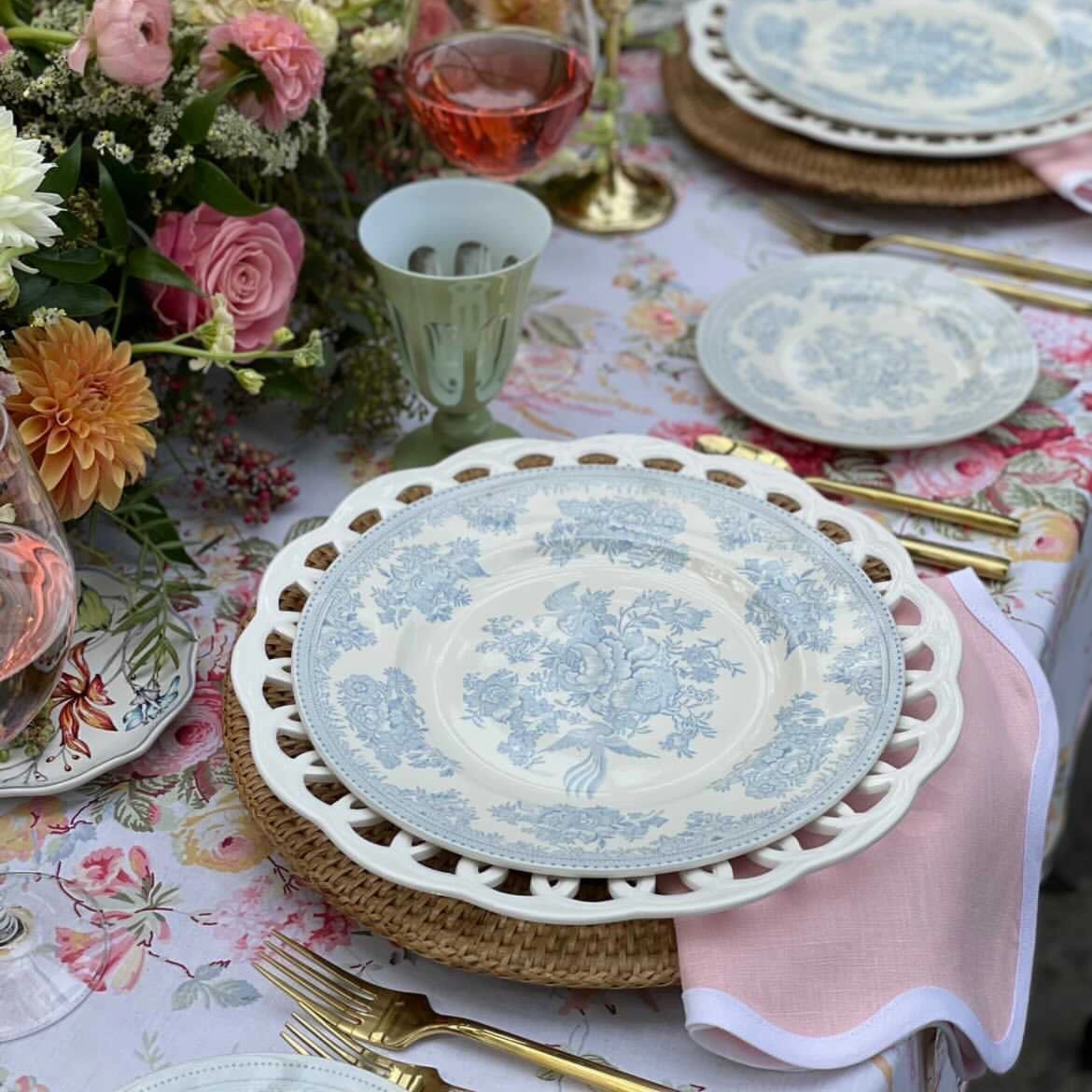 Scalloped Square Table Linen, Peony Pink