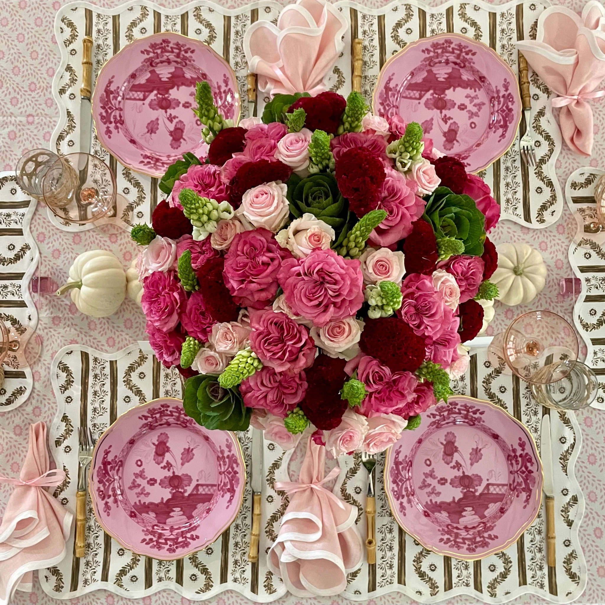 Scalloped Square Table Linen, Peony Pink