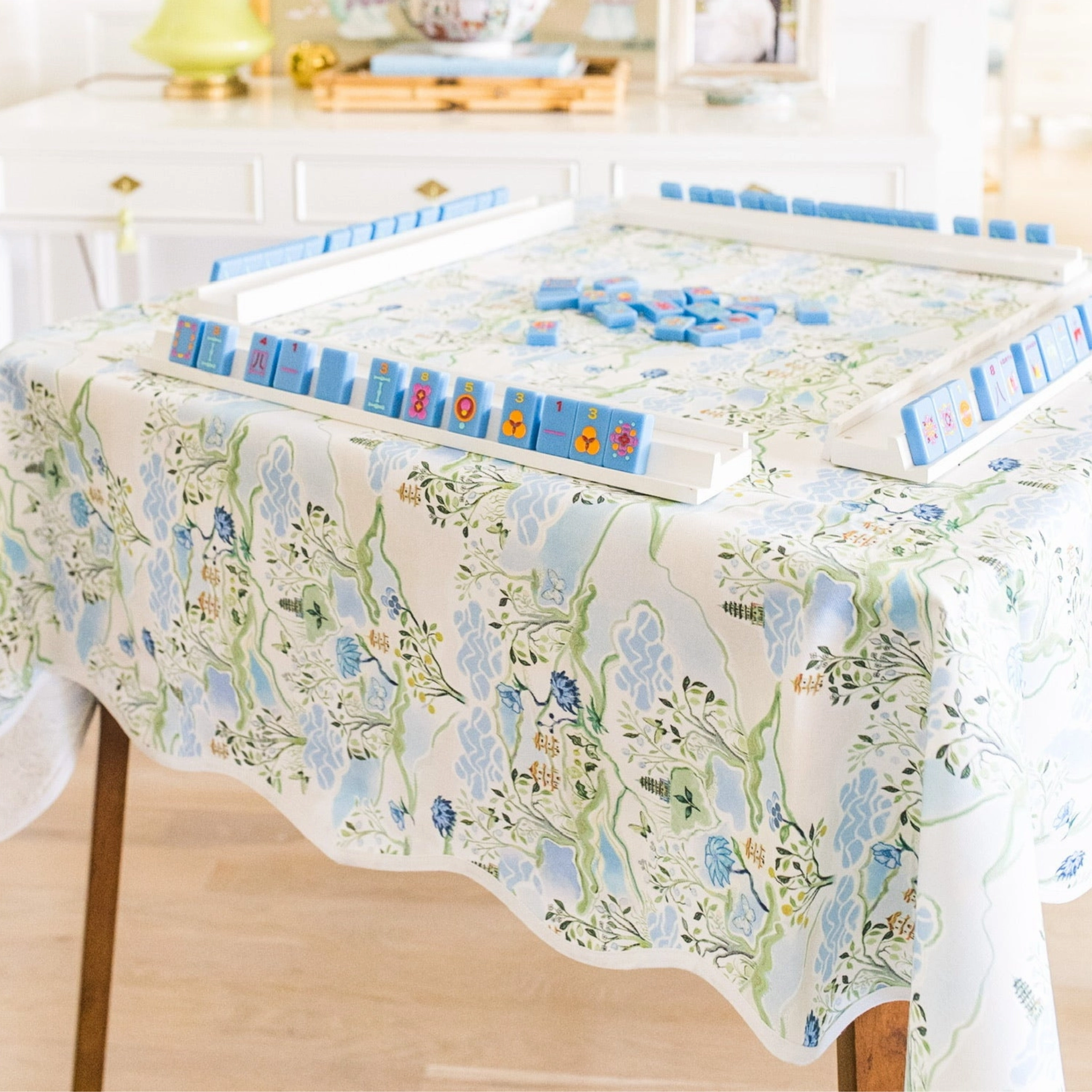 Scalloped Square Table Topper - Blue Pagoda