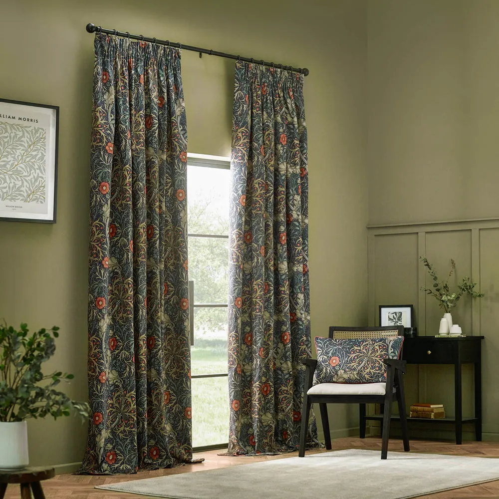 Seaweed Printed Velvet Pencil Pleat Curtains Indigo