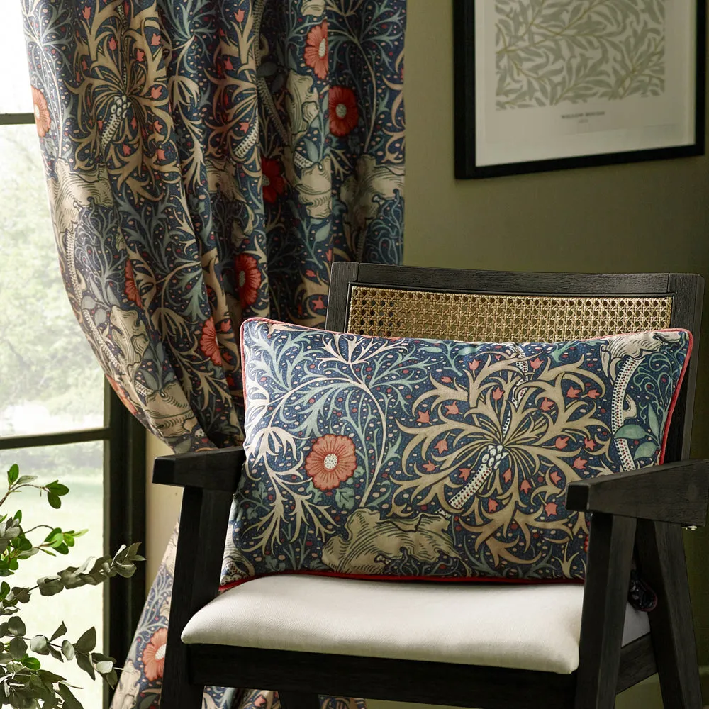 Seaweed Printed Velvet Pencil Pleat Curtains Indigo